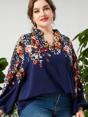 SHEIN Printed Floral Notched Neck Lantern Sleeve Blouse (4X)